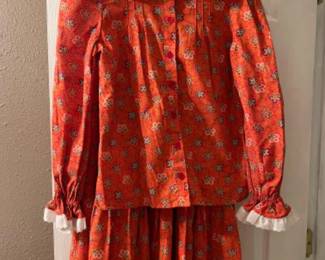 Vintage Prairie Style Red Floral Button Up Shirt & Skirt - Small