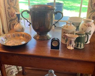 antique Oak table with gorgeous fine porcelains and ceramics--notice the huge 19th c  silver plate two handled urn