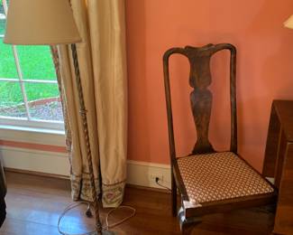 one of two antique Queen Ann chairs and we have a few antique floor lamps