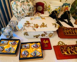 small Chinese porcelain boxes and notice the big gold and white soup tureen--we have the soup bowls that go with it