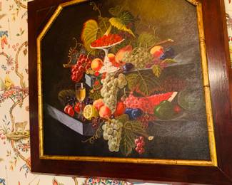 very large still life of fruit with unique tin frame