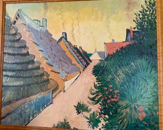 My favorite item in the estate--a large original brightly colored painting of tiled roofed houses with smoking chimneys--its Charming!
