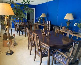 dining table and six chairs (plus two leaves)