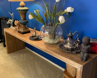 sofa table / server table, silverplate tea service, lamps, Perry glass dolphin