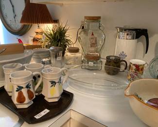 Corning percolator, MCM mugs and Thermos tray, Pyrex, etc. 