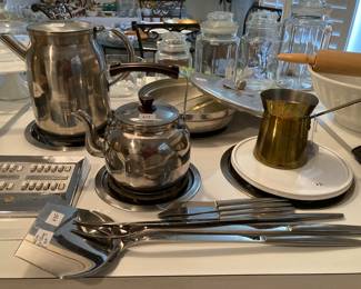 stainless teapot and kettle, MCM grilling and knife set, hammer aluminum with Glasbake divided dish, etc. 