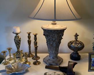 brass candlesticks, lamp, stereoscope and slides, etc