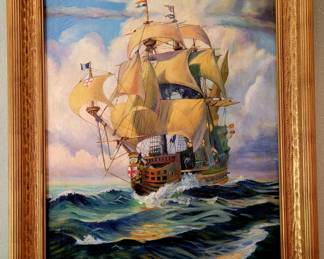 Large original oil painting of a Spanish Galeon, dated 1927. Signature is obscure...24x36 oil on canvas