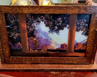 Custom oak framed Maxfield Parrish "Daybreak". On glass, so it lights up from behind! Very cool.