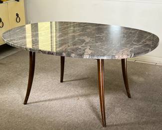 CUSTOM MID-CENTURY DINING TABLE | Glossy dining table; custom-built stone top with spindle legs in shiny dark wood. - l. 61.5 x w. 48 x h. 28 in