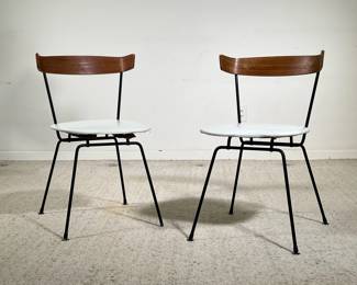 (2PC) MID-CENTURY KITCHEN CHAIRS | Two stylish chairs constructed on a metal frame with curved wooden backings and white seat cushions. -  l. 15 x w. 16 x h. 29.5 in