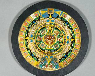 MEXICAN COLORFUL ENAMEL PLAQUE | Bright and colorful enamel plaque with an Indigenous radial design. Labeled Mexico on back. - dia. 8.75 in (overall)