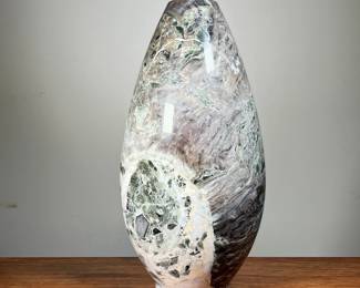 LARGE TURNED STONE VASE | Large vase carved from stone with gorgeous natural marbled patterns in blacks, grays, and warm earth tones. -  h. 16 x dia. 8 in