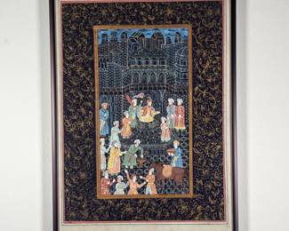 PERSIAN ILLUSTRATION | Early modern Persian miniature illustration painted with bright pigments on cotton. Featuring a scene of men wearing turbans and one horse gathered in a tiled courtyard at night. Intricate floral border. 9 x 12, subject. - w. 10.5 x h. 14.5 in (overall)