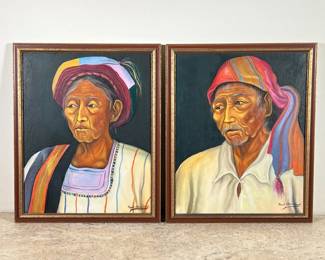 (2PC) MIGUEL CHAVEZ SOJUEL PAINTINGS | A pair of oil on canvas portraits by Miguel Chaves Soujel featuring two elders in colorful dress. Signed bottom right. - w. 13.5 x h. 16.5 in (frames)