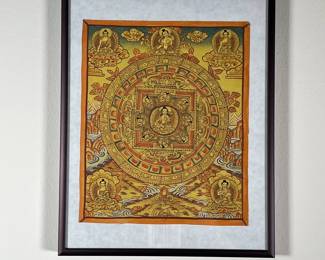 MINIATURE THANGKA PAINTING | Tibetan Buddhist Thangka painting in yellow and red tones featuring figures within a mandala pattern on a detailed island landscape. 7.75 x 6.5 in. sight . -  w. 8.5 x h. 10 in