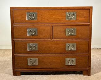 BAKER FURNITURE CHEST | Sleek, dark wood dresser with five drawers and nickel pulls in a Chinese style. Made for Baker Furniture. -  l. 36 x w. 19 x h. 22 in