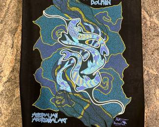 LIONEL DOYLE ABORIGINAL ART PRINT | "Tides of the Dolphin" dot painting in vibrant blue and yellow ink on velveteen or felt with a stitched edge by Australian Aboriginal artist Lionel Doyle. - w. 16.5 x h. 20.5 in