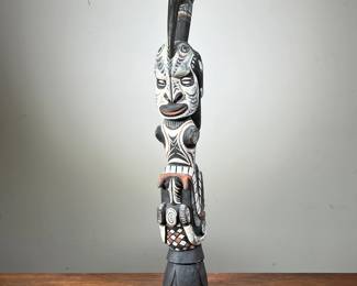 HAND CARVED & PAINTED AFRICAN STATUE | Carved wood statue depicting multiple animals and a human face with seashell eyes. -  l. 4 x w. 3 x h. 23 in