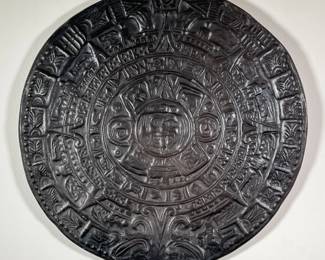 PRESSED MAYAN CERAMIC PLAQUE | Circular black ceramic plaque with circular Mayan design in a radial pattern. Intricate design. - dia. 18.5 in