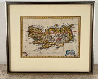 MAP OF FRISLAND | Colored engraving of an island, framed with glass on both sides. Frisland is a phantom island that appeared on virtually all maps of the North Atlantic from the 1560s through the 1660s, although it never existed. Text reads "MARE SEPTENTRIONALE," meaning North Sea. Latin text on verso. - w. 11.5 x h. 9.5 in (frame)