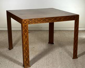 SQUARE WOODEN CARD TABLE | Wooden card table with blind fretwork on sides and legs and parquetry top in a beautiful lattice inlay. - l. 37 x w. 37 x h. 29 in