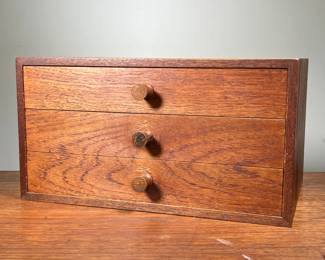 TABLETOP BOX | Small wooden tabletop box. Features three drawers with spindle wood handles with a beautiful wood grain. -  l. 16 x w. 11 x h. 8.5 in
