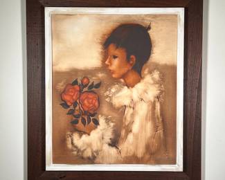 CHILD WITH ROSES PAINTING | Showing a child in white clothing holding red roses. 20 x 24 (stretcher) - w. 28 x h. 32 in (frame)