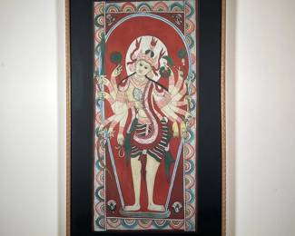 THAI ILLUSTRATION | Southeast Asian illustration depicting the goddess Durga. Mixed media on linen with strong red and blue tones. 13.5 x 30 in., sight . -  w. 21 x h. 37 in (frame)