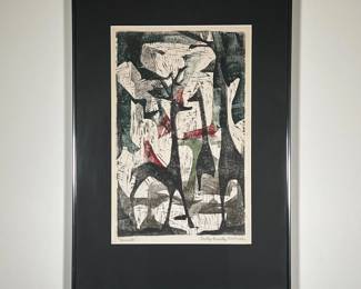 DOROTHY BROWDY KUSHNER WOODCUT PRINT | Colored woodcut titled "Animals" by Dorothy Browdy Kushner. -  w. 17 x h. 24.5 in (frame)