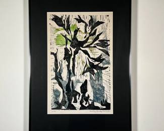 DOROTHY BROWDY KUSHNER WOODCUT PRINT | Colored woodcut titled "Lilies" by Dorothy Browdy Kushner. - w. 17 x h. 24.5 in (frame)