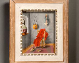 THEODORE SABANEEFF PAINTING | Painting of a monk's cell. Mixed media on paper. Signed and dated upper right. Sight 6.25 x 4.75 in. -  w. 8.5 x h. 10 in (frame)