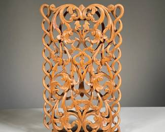 CARVED WOOD WALL HANGING | Intricately carved wooden wall hanging with scrolling acanthus. - w. 9.25 x h. 15.75 in