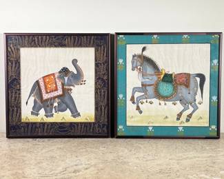(2PC) PAIR ILLUSTRATIONS | Persian or South Asian miniature paintings in decorative borders. Mixed media on silk or other fabric, including a decorated elephant and a horse in a turquoise saddle. No apparent signature. - w. 11 x h. 11 in (frames)