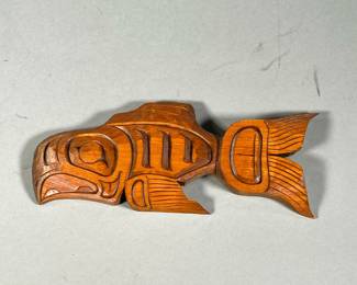 PACIFIC NORTHWEST SALMON CARVING | “Salmon” wood carving by Native artist James Wade French, Dakelh Carrier Nation, First Nations, Indigenous Canadian. Victoria, British Columbia, 1999. - l. 9.5 x h. 4 in