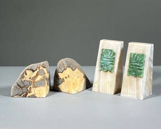(4PC) 2 PAIR STONE BOOKENDS | Set of two triangular carved stone bookends with green carved stone relief, and pair of stone geode bookends with intricate pattern. - l. 2.75 x w. 2.75 x h. 6 in (triangular bookends)