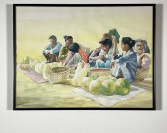 AUNG MYINT (BURMESE, 1946-) WATERCOLOR | Amarapura, Myanmar (Burma). Watercolor on paper. 1999. Showing produce vendors sitting among baskets. - w. 16 x h. 12 in