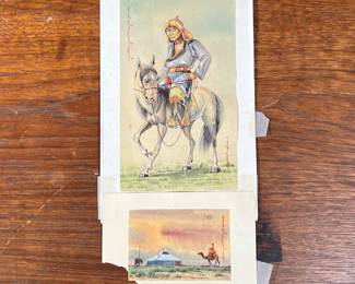 (2PC) MONGOLIAN WATERCOLORS | Two Monoglian watercolor paintings, one depicting a man on a horse, and the other showing a landscape scene with a camel and yurt against a sunset. - w. 4.75 x h. 8 in (largest)