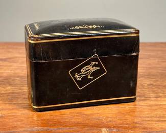 PLAYING CARDS CASE | Black case with gilt border and gilt images of playing cards. Includes two full decks inside. - l. 4 x w. 2.25 x h. 3 in