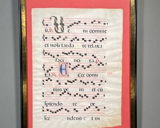 MEDIEVAL ILLUMINATED PARCHMENT | Sheet music on parchment, hand painted. - w. 17 x h. 22 in (frame)