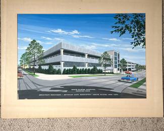 SOKA WHITE PLAINS ARCHITECTURAL DRAWING | White Plains Hospital Parking Deck architectural mock-up. Gouache on board. 26 x 17 in., subject. - w. 30 x h. 22 in (board)