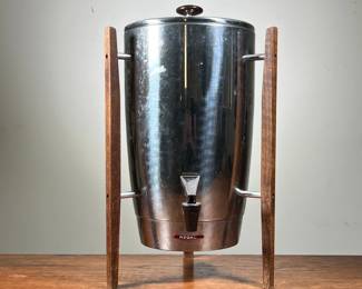 REGAL 12-40 CUP COFFEE PERCOLATOR | Chrome 12-40 cup percolator/coffee urn with 3 protruding wooden legs. Includes all parts & power cord. - h. 18 x dia. 8.5 in