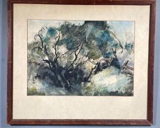 NEWBAUER WATERCOLOR | Watercolor on paper depicting a cool-toned tree scene, signed "Newbauer" lower left; sight 14 x 20 in. - w. 27.5 x h. 23.5 in (frame)