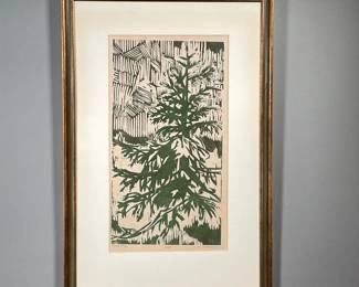 DORIS DICKASON WOODCUT | Woodcut of a pine tree, pencil signed lower margin, Ed. 2/25. - w. 18 x h. 27.5 in (frame)