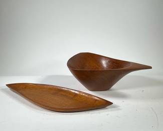 (2PC) EMIL MILAN & OTHER WOOD CARVED ITEMS | Including a triangular wooden teak bowl signed "Emilan" / B15 and a leaf-shaped wooden platter with no apparent mark (L. 20 in.) - l. 16.25 x w. 11 x h. 4.75 in (bowl)