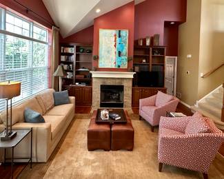 Beautiful Designer Family Room includes: Henredon Sofa, Ethan Allen Contemporary Chairs. Pottery Barn Rug, Side Nesting Tables and 4 Leathers Ottomans