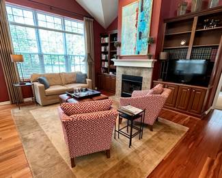 Beautiful Designer Family Room includes: Henredon Sofa, Ethan Allen Contemporary Chairs. Pottery Barn Rug, Side Nesting Tables and 4 Leathers Ottomans