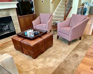 2 Ethan Allen Chairs, Pottery Barn Rug and 4 Leather Ottomans