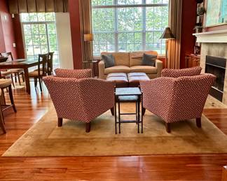 Beautiful Designer Family Room includes: Henredon Sofa, Ethan Allen Contemporary Chairs. Pottery Barn Rug, Side Nesting Tables and 4 Leathers Ottomans