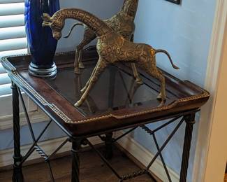 PAIR of BRASS GIRAFFES...COBALT CRYSTAL VASE...GLASS TOP SIDE TABLE with METAL BASE